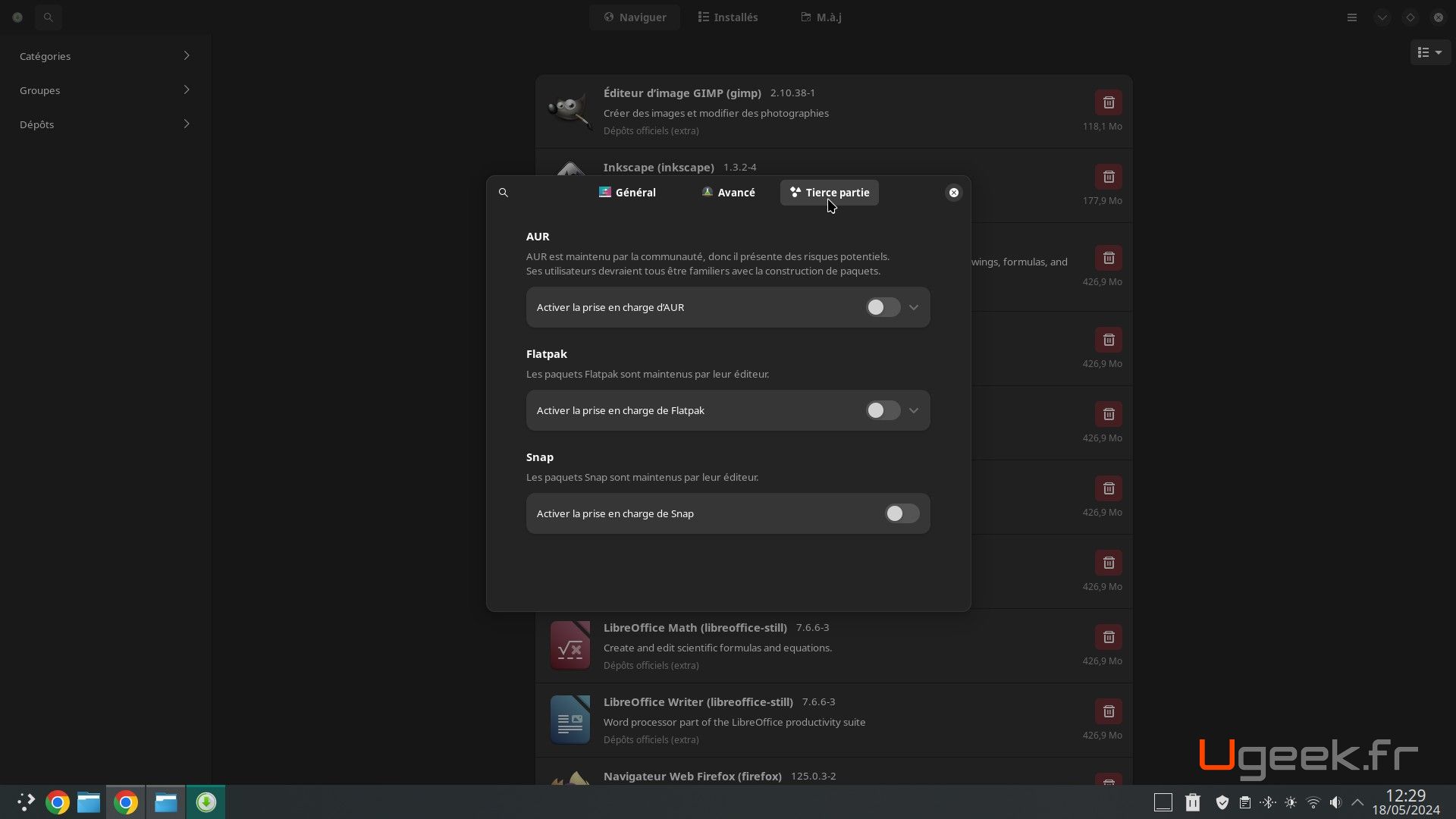 Fenêtre des préférences pamac linux