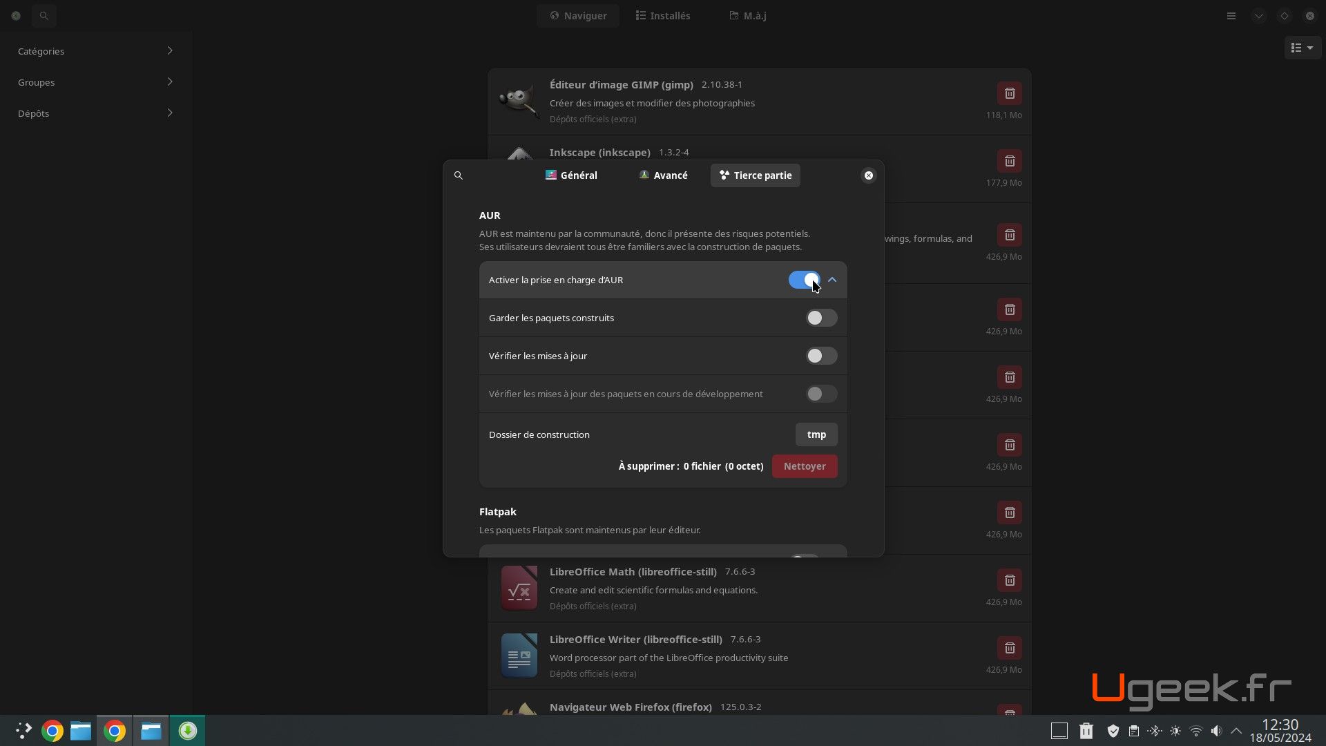 Fenêtre dépôt AUR pamac Linux