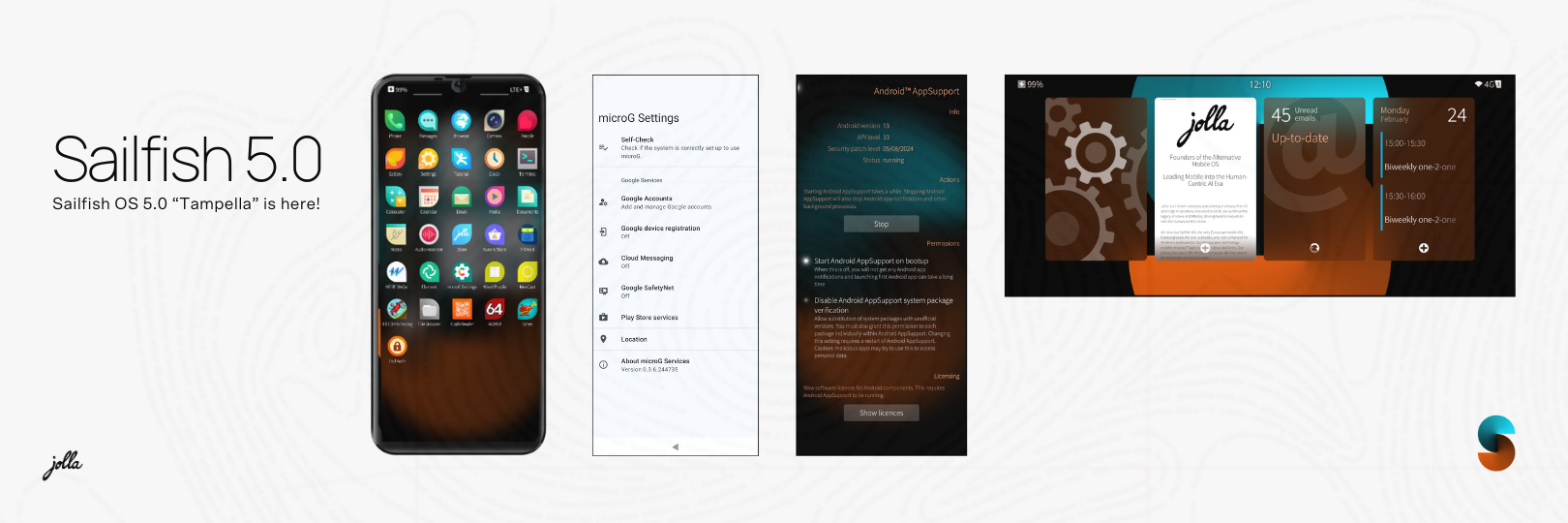 Rendus de l'interface utiloisateur du système d'exploitation Sailfish 5 de l'entreprise Jolla