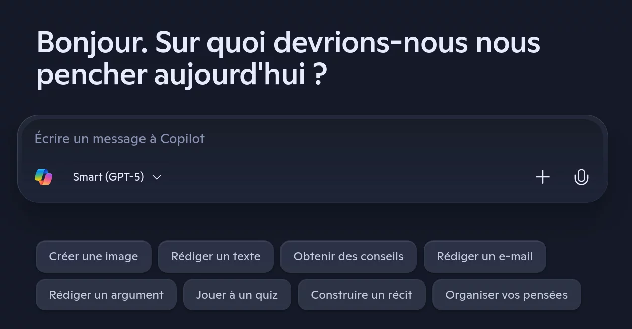 Capture d'écran de Copilot de Microsoft configuré pour utiliser GPT-5 d'OpenAI