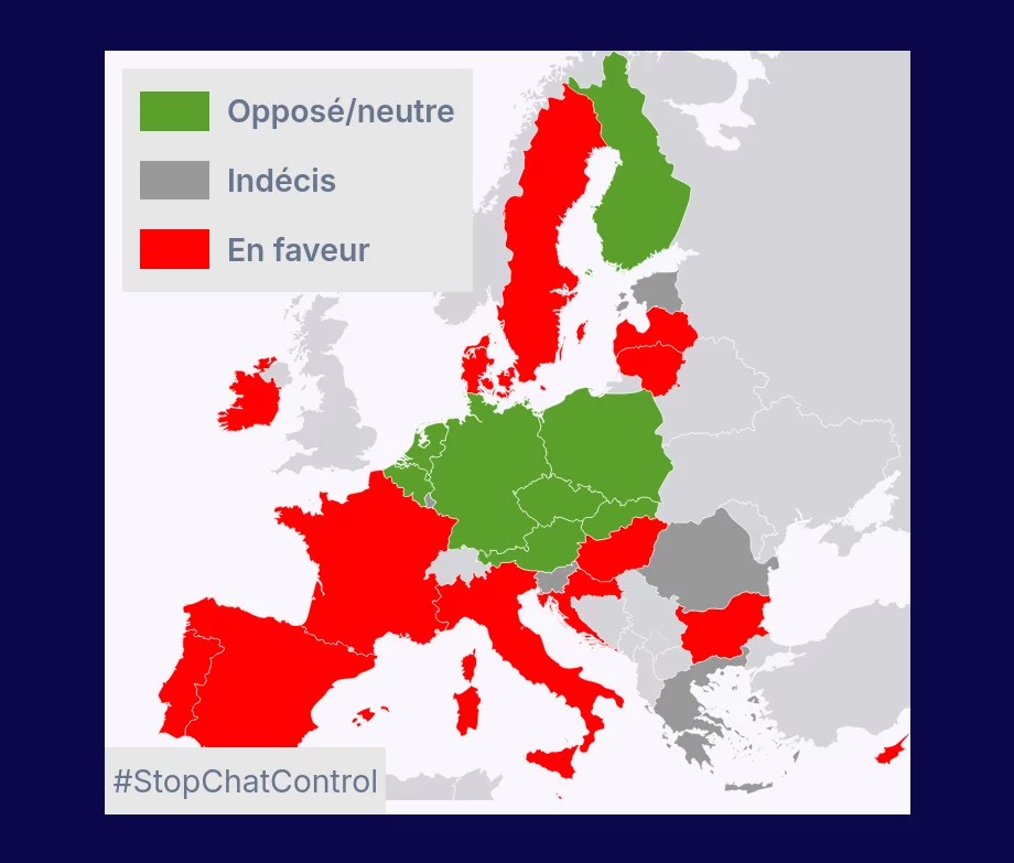 Carte des états favorables ou non à Chat Control