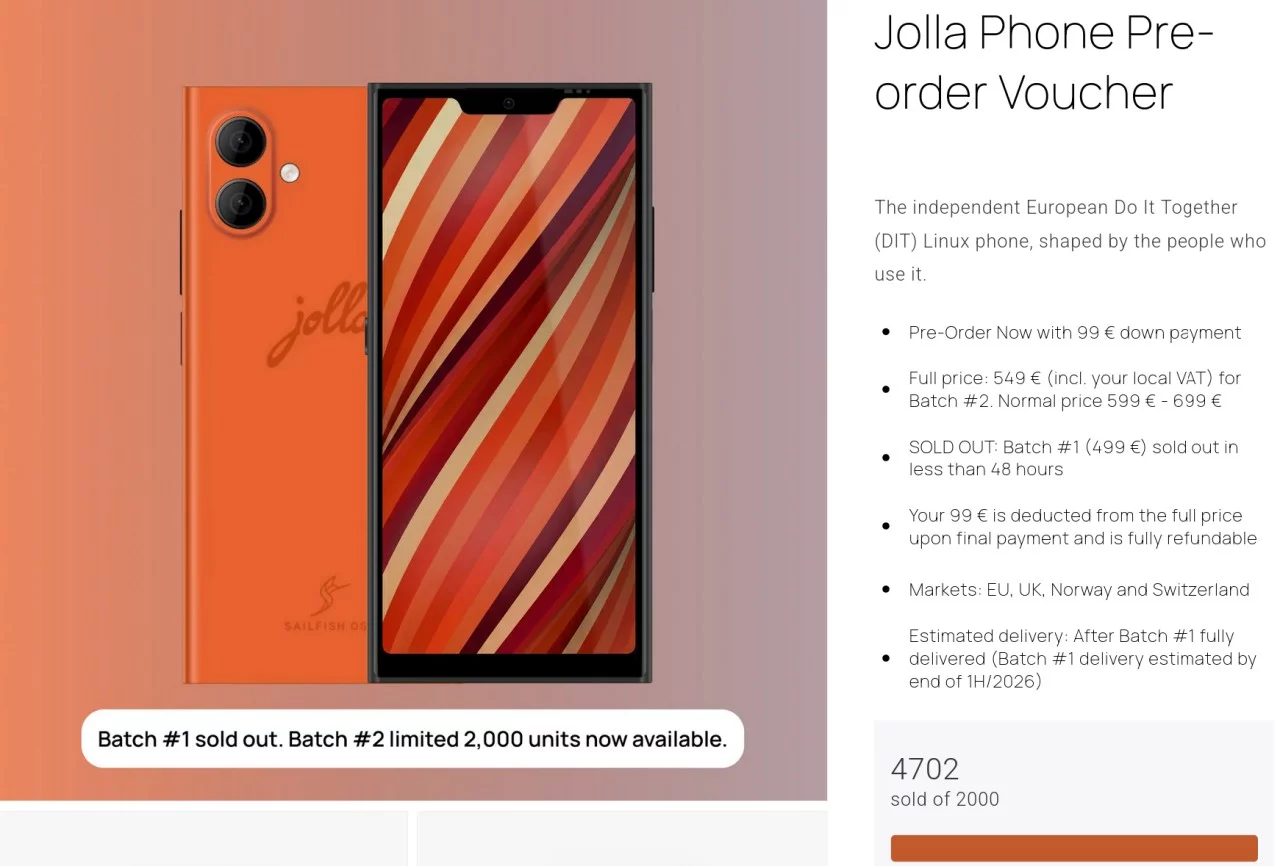 Capture d'écran de la deuxième vague de précommande du Jolla Phone 2026