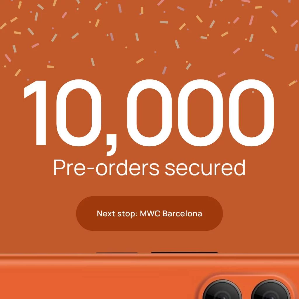 Annonce de Jolla pour l'objectif atteint des 10000 précommandes du Jolla Phone 2026.